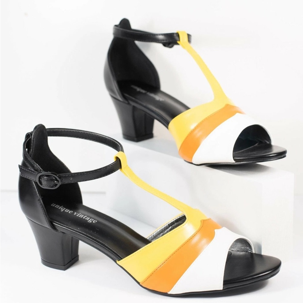 Unique Vintage ModCloth Candy Corn T-strap Heels